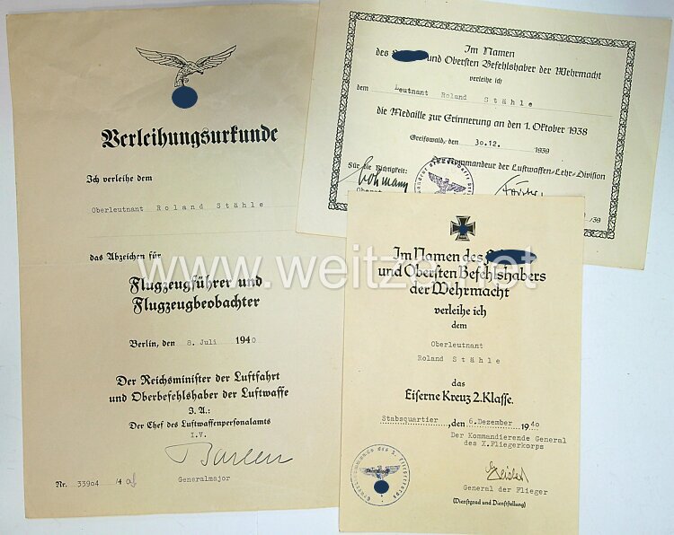 Luftwaffe - Urkundentrio für einen Leutnant und späteren Oberleutnant
