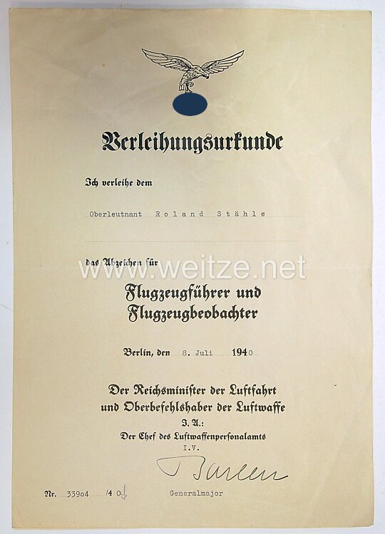 Luftwaffe - Urkundentrio für einen Leutnant und späteren Oberleutnant Bild 2