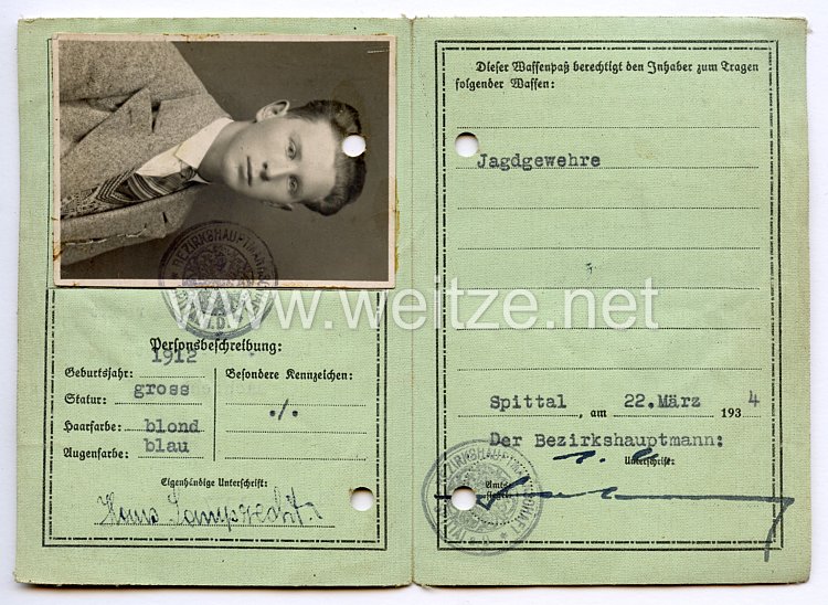 III. Reich - Waffenpaß und Jagdkarte für einen Jungen in Sachsenburg Bild 2