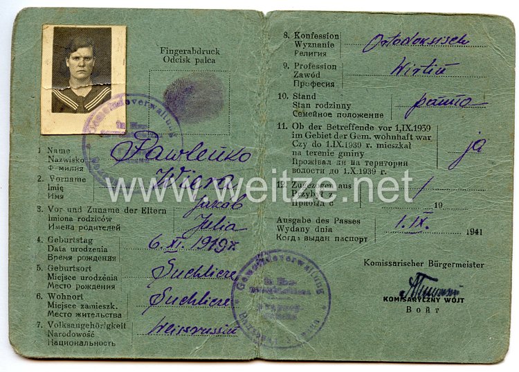 III. Reich / Kommissarischer Bürgermeister der Gemeinde Klezk - Personalausweis für eine Frau des Jahrgangs 1919 Bild 2