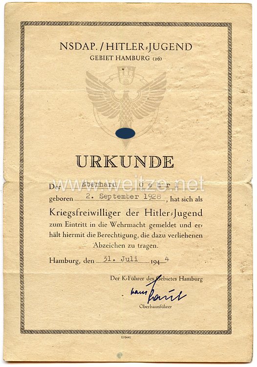 HJ-Gebiet Hamburg (26) - Urkunde für einen Kriegsfreiwilligen der Hitler-Jugend des Jahrgangs 1928
