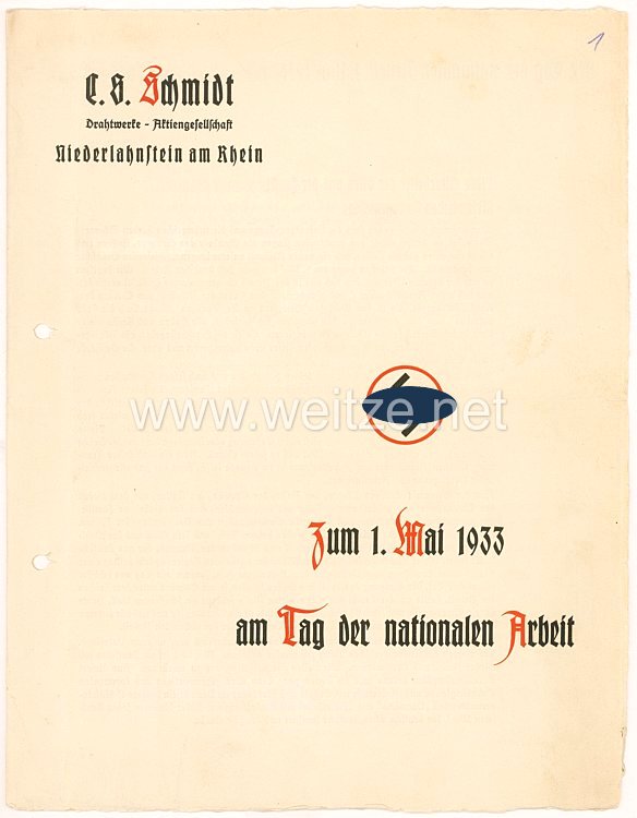 III. Reich - Schmuckblatt zum 1. Mai 1933 am Tag der nationalen Arbeit