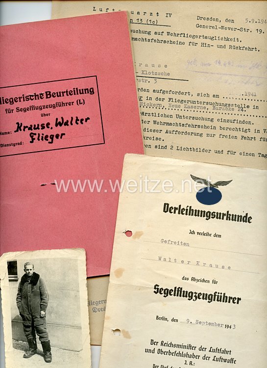 Luftwaffe - Verleihungsurkunde für das Abzeichen für Segelflugzeugführer mit weiteren Dokumenten