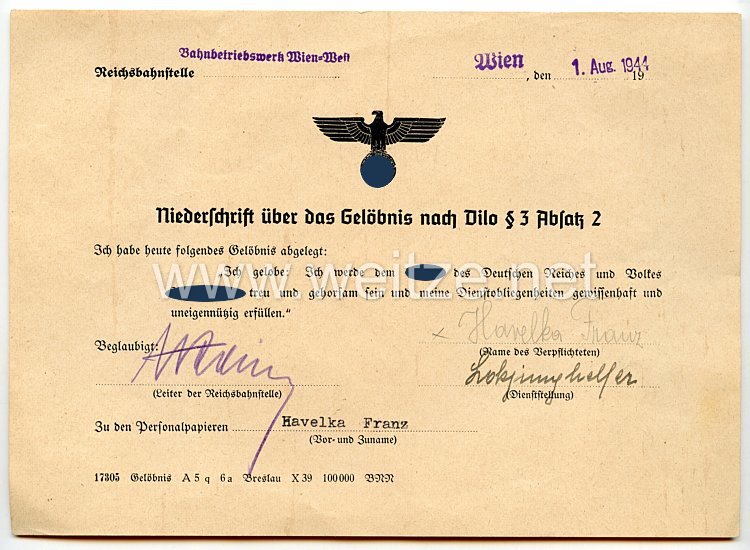 III. Reich - Niederschrift des Gelöbnisses der Reichsbahnstelle Wien-West