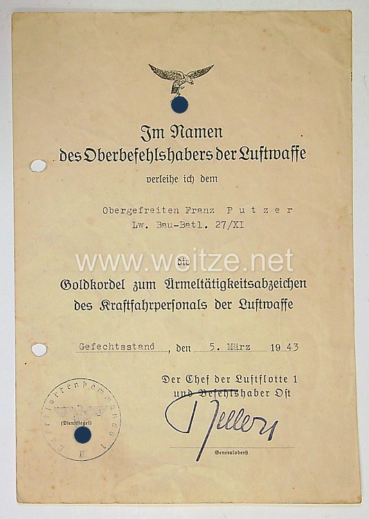 Luftwaffe - Urkundenpaar für einen späteren Unteroffizier der 11./Kampfgeschwader 27