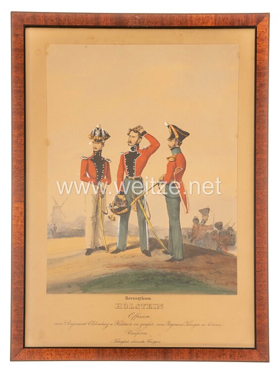 Herzogtum Holstein gerahmte handkolorierte Lithographie «Offiziere, vom Regiment Oldenburg u. Holstein ...»