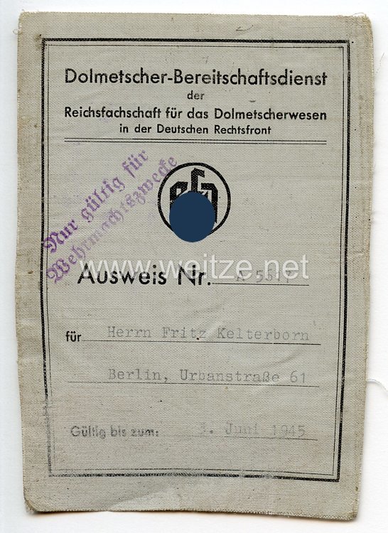 Dolmetscher-Bereitschaftsdienst der Reichsfachschaft für das Dolmetscherwesen in der Deutschen Rechtsfront - Ausweis