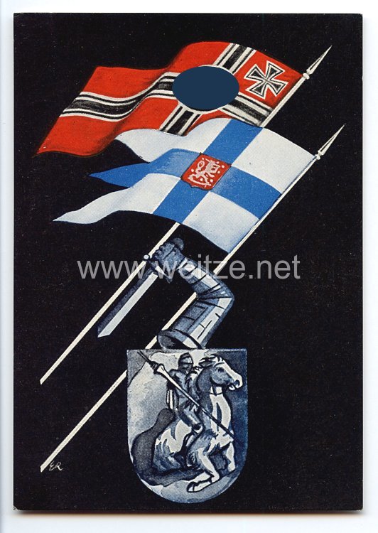 III. Reich - farbige Propaganda-Postkarte - " Deutschland - Finnland " ( Saksan Kanssa Suomen Puolesta - Mit Deutschland im Namen von Finnland )