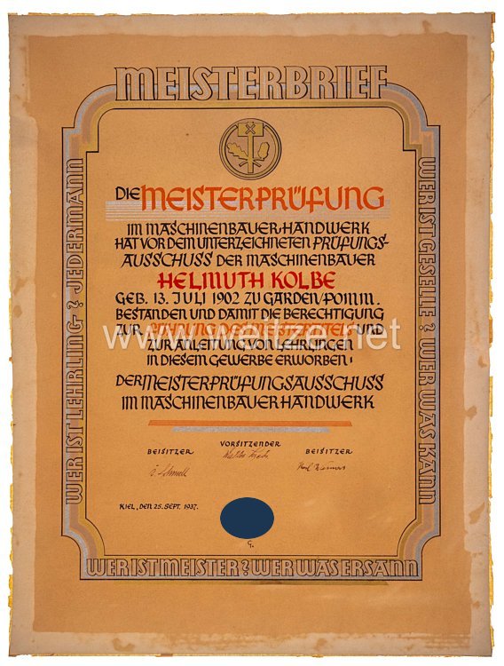 III. Reich - Handwerkskammer Lübeck - Meisterbrief