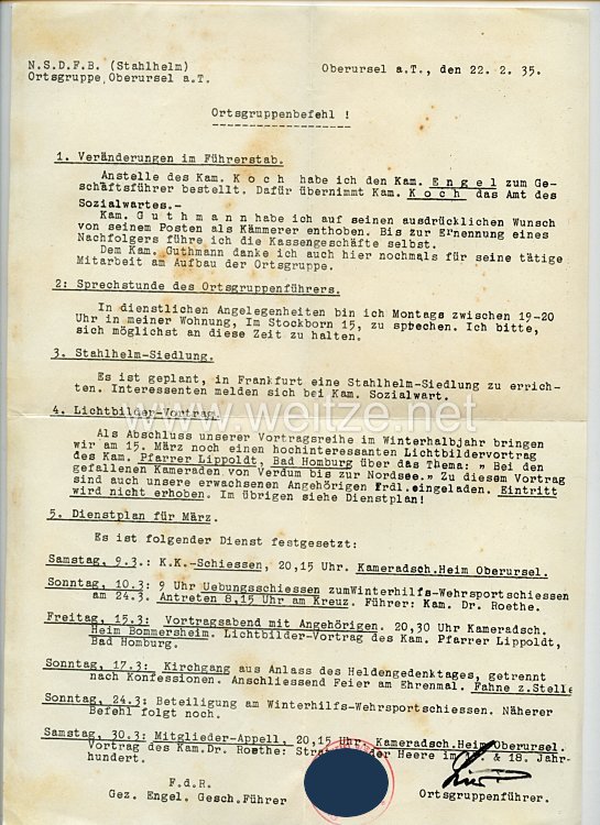 III. Reich - N.S.D.F.B. ( Stahlhelm ) Ortsgruppe Oberursel a.T. - Ortsgruppenbefehl vom 22.2.1935