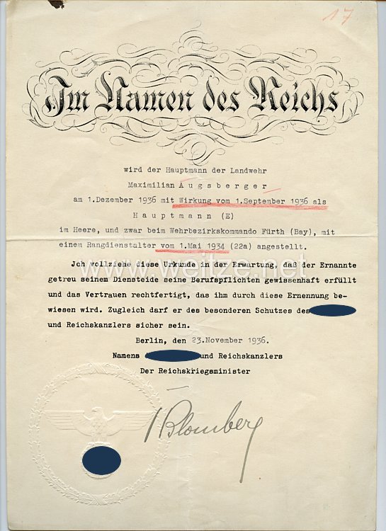 III. Reich - Originalunterschrift von Reichskriegsminister Werner von Blomberg auf einer Anstellungsurkunde 