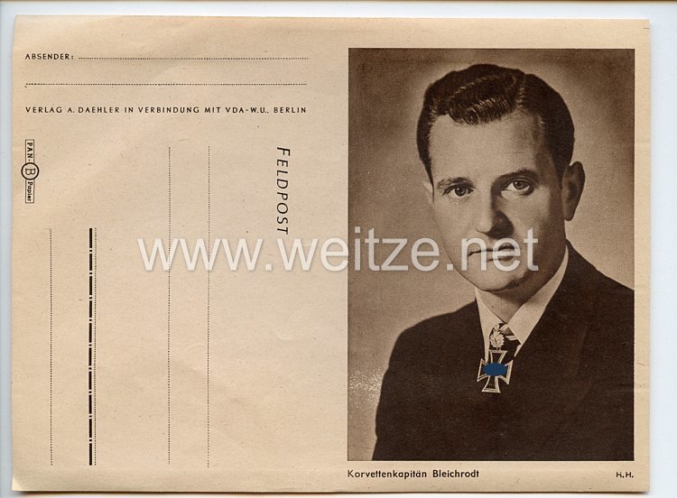 Kriegsmarine - Feldpostbrief der VDA mit Bildnis von Ritterkreuzträger Korvettenkapitän Heinrich Bleichrodt
