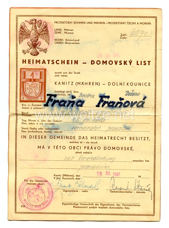 III. Reich - Böhmen und Mähren Heimatschein für eine Frau des Jahrgangs 1910  Bild 2