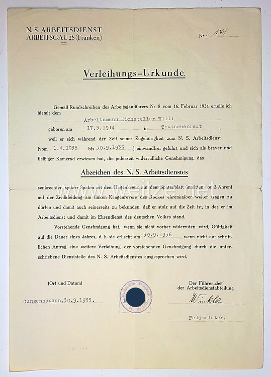 N.S.Arbeitsdienst Arbeitsgau 28 (Franken ) - Verleihungsurkunde Nr. 141 für das Abzeichen des N.S.Arbeitsdienstes