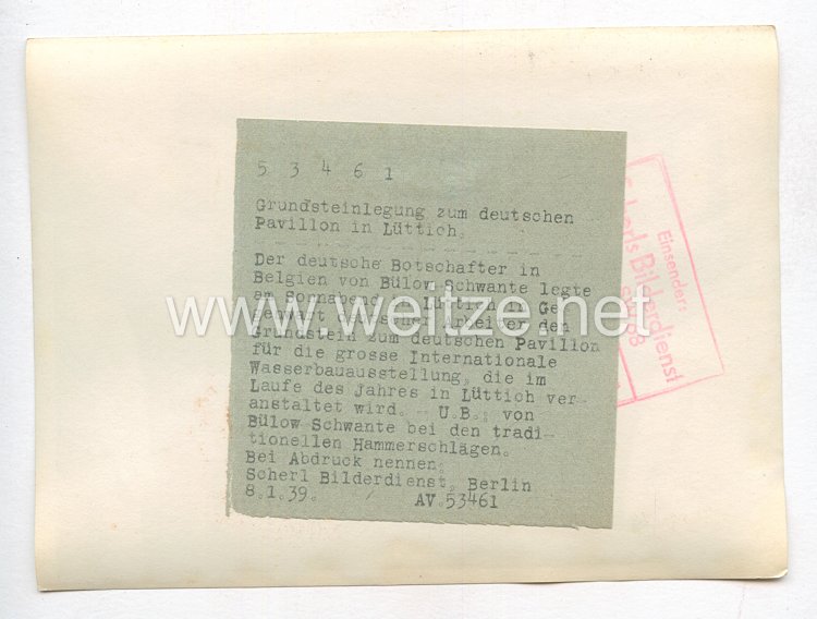 3. Reich Pressefoto: Grundsteinlegung zum deutschen Pavillon in Lüttich 8.1.1939 Bild 2