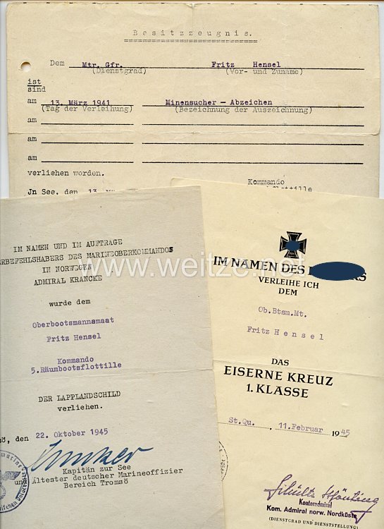 Kriegsmarine - Urkundentrio für einen späteren Oberbootsmannsmaaten der 5. Räumbootsflottille in Norwegen