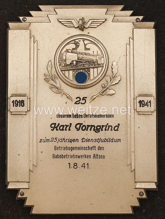 Deutsche Reichsbahn - große Geschenkplakette zum 25 jährigen Dienstjubiläum Bild 2