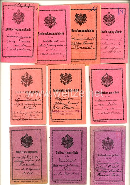 1. Weltkrieg - Konvolut von 10 x Zivilversorgungsschein verschiedener Offiziere