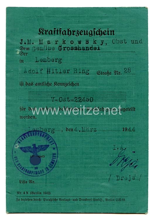 III. Reich - Kraftfahrzeugschein für einen Mann aus Lemberg im Generalgouvernement für einen L.K.W der Marke Zis-5