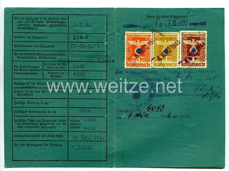 III. Reich - Kraftfahrzeugschein für einen Mann aus Lemberg im Generalgouvernement für einen L.K.W der Marke Zis-5 Bild 2