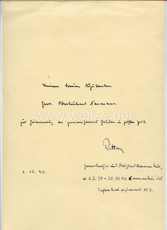 Heer - Originalunterschrift vom späteren Ritterkreuzträger Generalmajor Stephan Rittau Bild 2