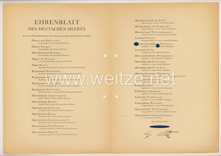 Ehrenblatt des deutschen Heeres - Ausgabe vom 26. Februar 1943