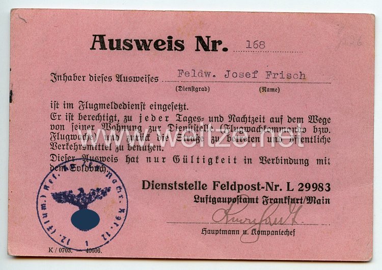 Luftwaffe - Ausweis für einen Feldwebel im Flugmeldedienst