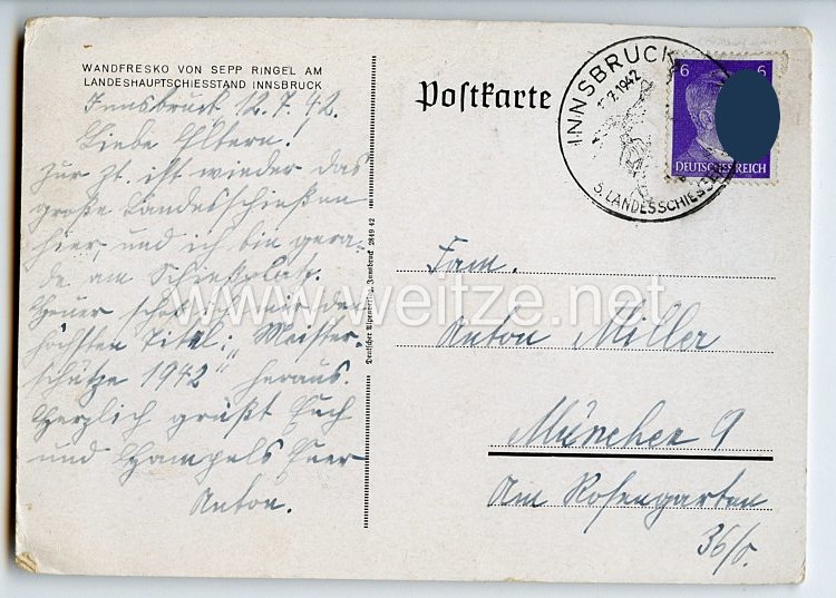 III. Reich - farbige Propaganda-Postkarte - " 5. Landesschiessen Innsbruck vom 5. bis 13. Juli 1942 - Anno 1809 " Bild 2