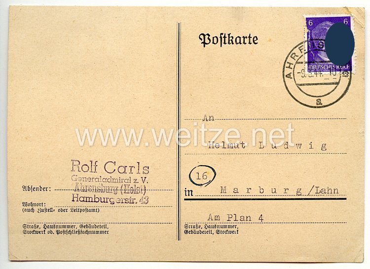 Kriegsmarine - Originalunterschrift von Ritterkreuzträger Generaladmiral Rolf Carls