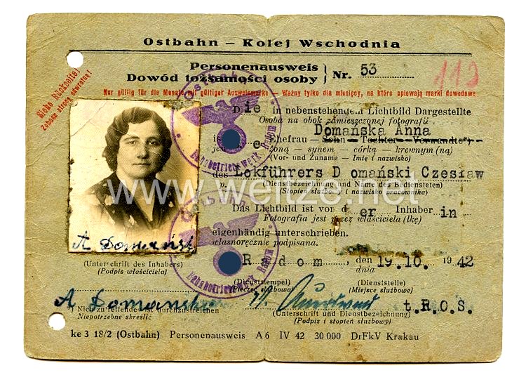 III. Reich - Ostbahn - Kolej Wschodnia Personalausweis für eine Frau 