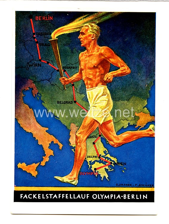 III. Reich - farbige Propaganda-Postkarte - " XI. Olympische Spiele 1936 - Fackelstaffellauf Olympia-Berlin "