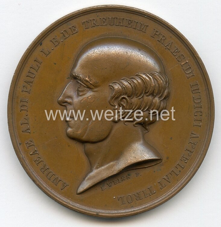 Österreich / K.u.K. Monarchie Nicht tragbare Gedenk-Medaille an den Freiherrn Joseph die Pauli, Edler zu Treuheim anlässlich seines Todes 1839 .