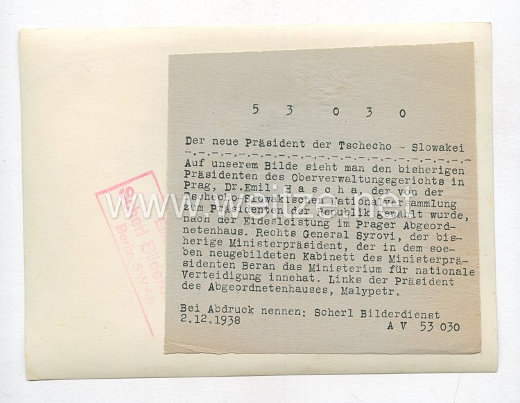 3. Reich Pressefoto: Der neue Präsident der Tschecho - Slowakei 2.12.1938 Bild 2