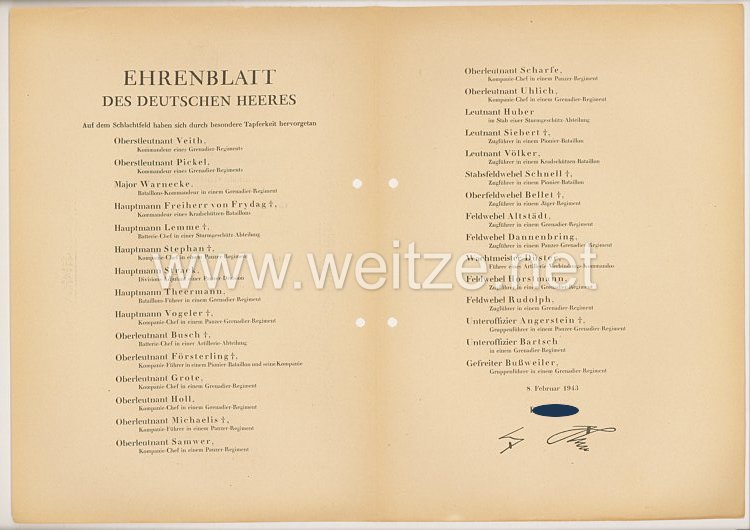 Ehrenblatt des deutschen Heeres - Ausgabe vom 8. Februar 1943