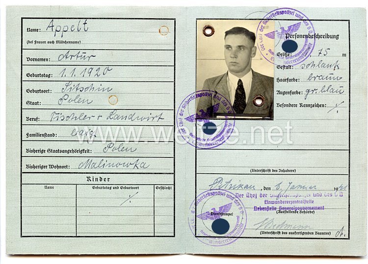 III. Reich - Rückkehrerausweis für einen Mann des Jahrgangs 1920 aus Polen Bild 2