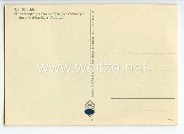 Heer - Willrich farbige Propaganda-Postkarte - Ritterkreuzträger Oberwachtmeister Schmölzer Bild 2