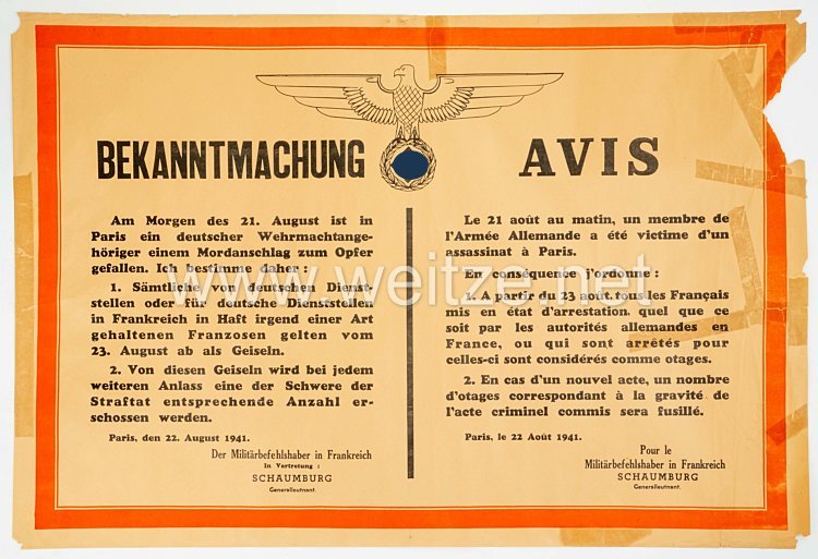 III. Reich - Plakat oder Aushang des Militärbefehlshabers in Frankreich " Bekanntmachung - Avis "