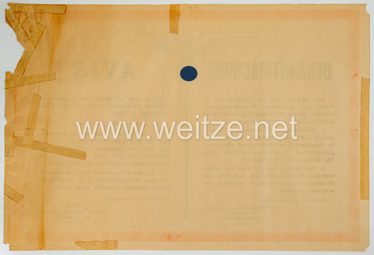 III. Reich - Plakat oder Aushang des Militärbefehlshabers in Frankreich " Bekanntmachung - Avis " Bild 2
