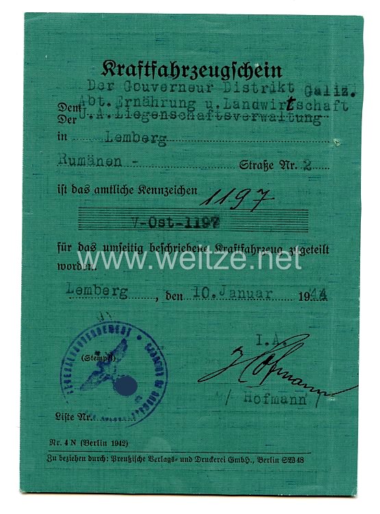 III. Reich - Kraftfahrzeugschein für einen Mann aus Lemberg im Generalgouvernement für einen P.K.W der Marke Auto Union 