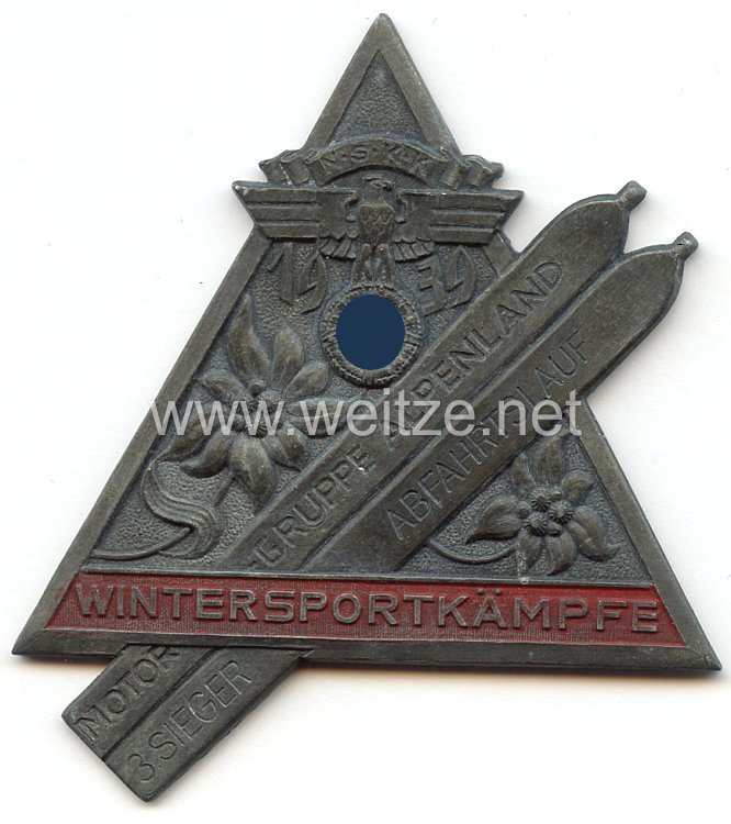 NSKK - nichttragbare Siegerplakette - " NSKK Motorgruppe Alpenland - Wintersportkämpfe 1939 Abfahrtslauf 3. Sieger "