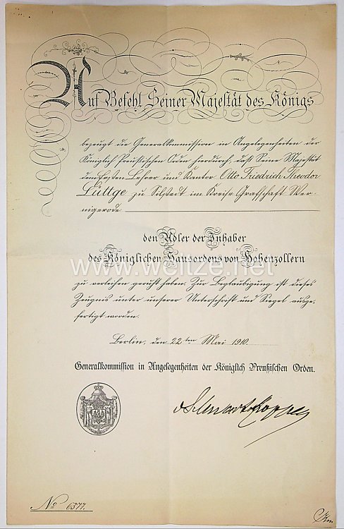 Preussen - Urkunde zum Adler der Inhaber des Königlichen Hausordens von Hohenzollern.