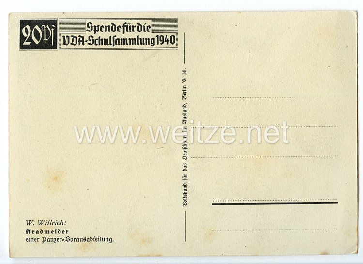 Heer - Willrich farbige Propaganda-Postkarte - " Kradmelder einer Panzer-Vorausabteilung " Bild 2