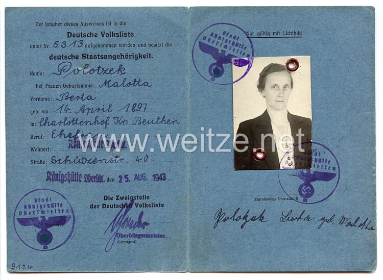 III. Reich - Ausweis der Deutschen Volksliste für eine Frau des Jahrgangs 1897 aus Charlottenhof Kreis Beuthen Bild 2