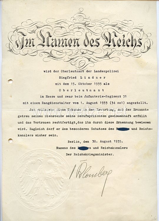 III. Reich - Originalunterschrift von Reichskriegsminister Werner von Blomberg auf einer Ernennungsurkunde