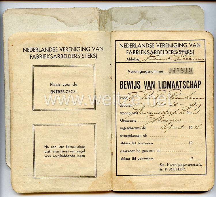 III. Reich / Holland - Nederlandse Vereniging van Fabrieksarbeiders/sters ( N.V.F.A.) - Mitgliedsbuch Bild 2