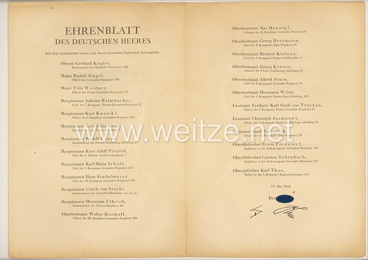Ehrenblatt des deutschen Heeres - Ausgabe vom 15. Mai 1944