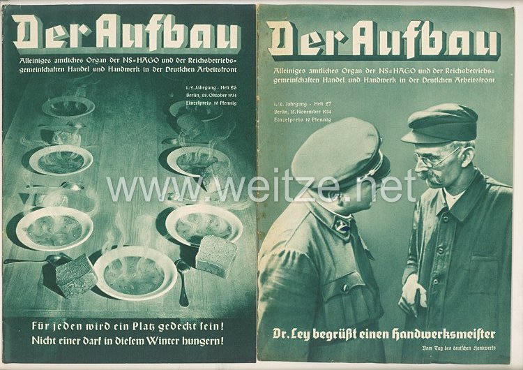 III. Reich - 2 x Ausgabe von : Der Aufbau - Alleiniges amtliches Organ der NS-Hago - 1./2. Jahrgang 1933/1934 Folge 26 und 27