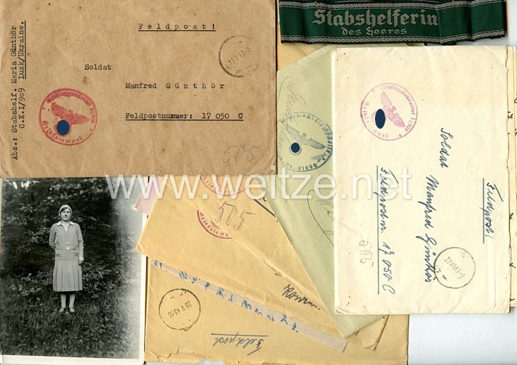 Wehrmacht Heer Ärmelband "Stabshelferin des Heeres" und Feldpostbriefe der Stabshelferin bei der Ortskommandantur 909/I ( Lutz, Ukraine ) 