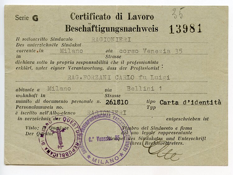III. Reich - Beschäftigungsnachweis für einen Mann in Milano ( Italien )