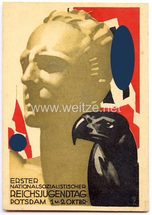 HJ - farbige Propaganda-Postkarte - " Erster Nationalsozialistischer Reichsjugendtag Potsdam 1. u. 2. Oktbr. ( 1932 ) "